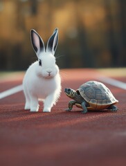 Cute white rabbit and friendly tortoise encounter on a vibrant outdoor track during a sunny day, illustrating friendship and nature's wonders