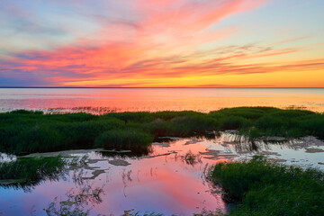 View of Lake Sultankeldy at sunset. 
The lake is situated within the Korgalzhyn State Nature Reserve, 170 km  southwest of Astana. Kazakhstan.
