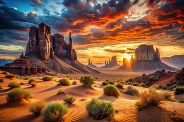 Majestic desert mountains rise, rugged rocks sculpted by time, arid beauty unfolds in digital hues.