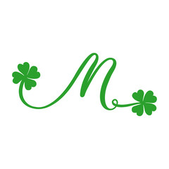Símbolo de primavera. Logo con letra inicial M con trébol de cuatro hojas para felicitaciones y tarjetas del día de San Patricio