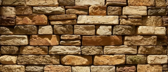 A stacked stone brick wall with earthy tones, natural textures, and sunlight filtering through cracks