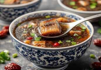 Delicious Asian Soup with Fresh Ingredients, Aroma of Spices, and Gourmet Presentation in a Traditional Bowl with Garnish on a Textured Background