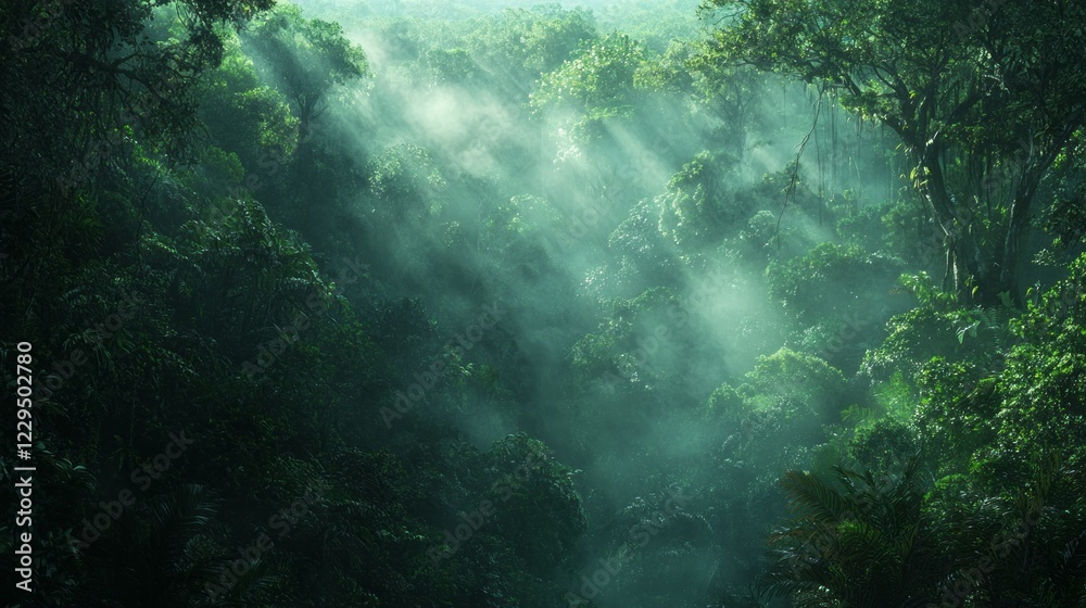 Poster sunlight breaks through a dense canopy, illuminating mist that weaves through vibrant treetops. this