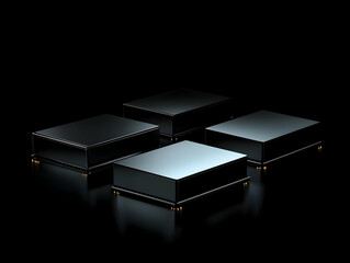 Three Black Pedestals Shine with Golden Lights on a Dark Background, Perfect for Product Display