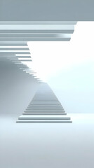 White Staircase Ascends towards a Bright Light in a Minimalist Gray Room
