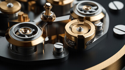 Close-up of intricate watch mechanisms showcasing gold and silver components with reflections