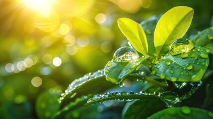 Close-up of vibrant green leaves with water droplets glistening in sunlight, creating a serene atmosphere