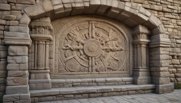 Fortress wall embrasure with intricate stone carvings, stone carving, decorative feature, fortified wall