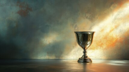 Silver cup placed elegantly on a wooden table against a blurred background