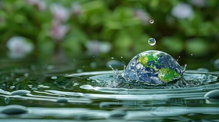A globe splashes into water, creating ripples amidst a serene natural background