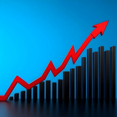 3D Bar Graph Shows Upward Trend with a Red Arrow Dramatically Ascending on a Blue Background