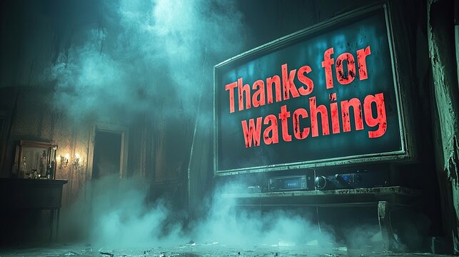 A dimly lit room with a vintage television displaying a message of gratitude, surrounded by smoke and eerie shadows, creating a mysterious atmosphere