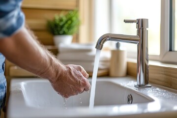 Hands washing dishes at a modern kitchen sink with running water during daylight hours