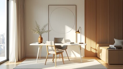 "A stylish home office with a warm, earthy color palette. The wooden desk features a beige ceramic vase with dried pampas grass, a minimalist white desk lamp, and a MacBook. A plush area rug sits bene