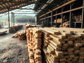 Freshly cut lumber planks stacked and ready for construction, wood, materials, building