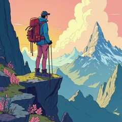 A hiker with a backpack stands on a cliff edge, gazing at a mountain range under a colorful sky.