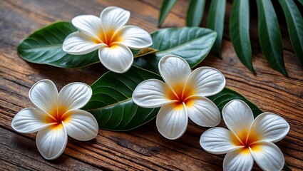 Fototapeta premium Elegant plumeria flowers on wooden surface background