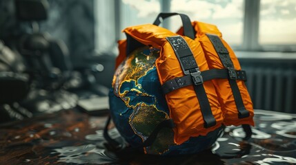A vibrant globe wrapped in an orange life jacket, symbolizing environmental protection and awareness