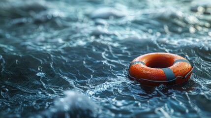 Naklejka premium Bright orange life ring floating on shimmering water surface with gentle waves and reflections