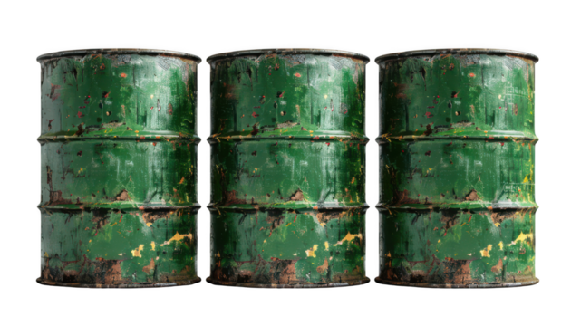 Three Green Barrels Aligned isolated on transparent background - Powered by Adobe