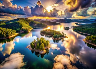 Fototapeta premium Pactola Lake's surreal beauty: dreamlike aerials capture Black Hills' ethereal landscape.