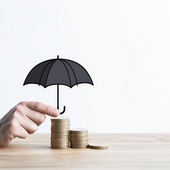 Hand Holding Umbrella Over Coin Stacks for Protection