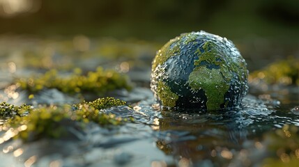 A globe partially submerged in water, surrounded by lush greenery, symbolizing environmental awareness