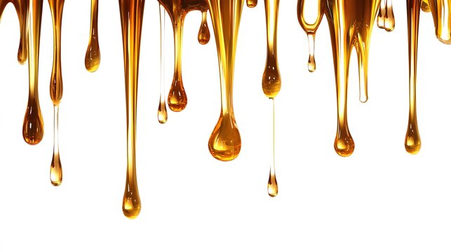 Golden liquid drips and falls, creating glistening droplets against a white background.