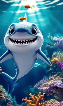 Cute Cartoon Shark Among Beautiful Coral Reef. Generative ai
