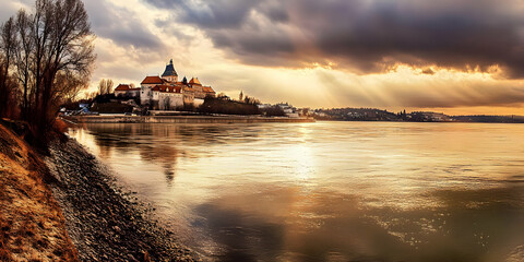 Castle Reflects in River at Sunset Under Dramatic Clouds in a Scenic Landscape Panorama