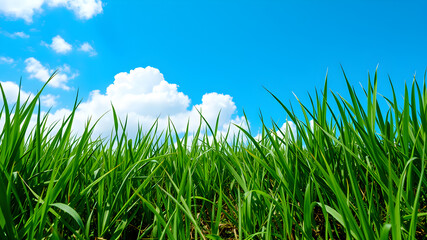 Obraz premium Green grass and blue sky with white clouds