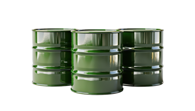 Three Green Barrels Aligned isolated on transparent background