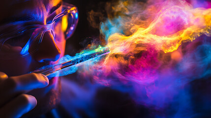 A close-up of a scientist observing a test tube bubbling with a colorful chemical reaction (1)