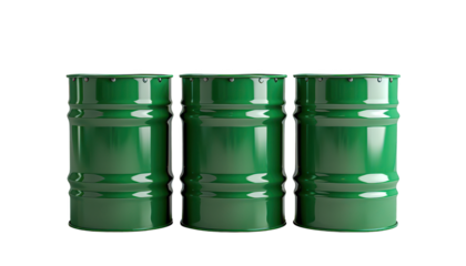 Three Green Barrels Aligned isolated on transparent background