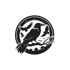 raven silhouette vector line art logo