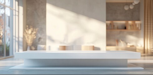 Blurred office interior background with a white desk and blurred work space in the back for product display montage, 