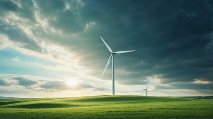 Fototapeta premium Two Wind Turbines Standing Powerfully in Verdant Field with Dramatic Sky