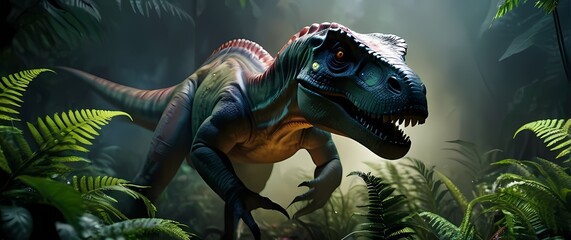 An exciting dinosaur close up capturing the essence of adventure amidst vibrant flora and ferns