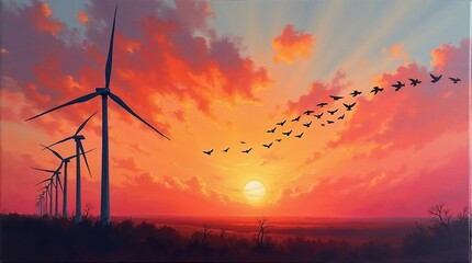 Obraz premium Sunset Windmills with Serene Bird Flight over Renewable Landscape 