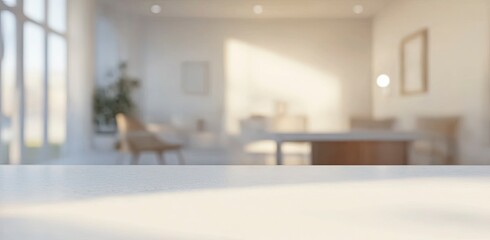 Blurred office interior background with a white desk and blurred work space in the back for product display montage, 