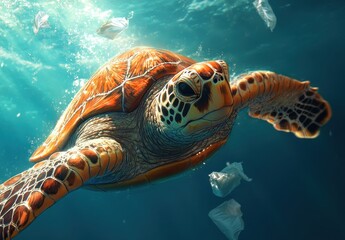 Fototapeta premium Graceful sea turtle gliding through crystal clear blue water surrounded by plastic waste demonstrating the impact of pollution on marine life