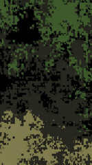 Digital Camouflage Pattern Blends Green, Black, and Tan in Pixelated Design for Background or Texture