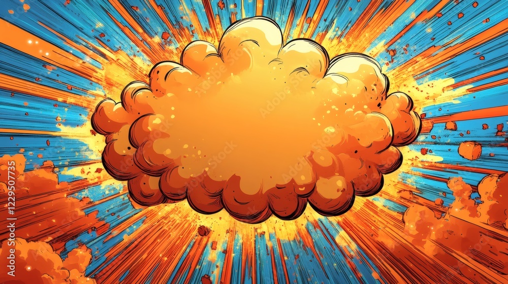 Poster bright popart explosion centered around a large speech bubble with dynamic rays and jagged lines giv
