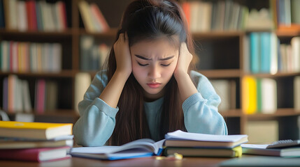 A student organizing notes and textbooks on a desk before an important exam (2)