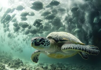 Fototapeta premium Graceful sea turtle swimming beneath a school of fish in clear ocean waters, showcasing marine life diversity and underwater beauty in vibrant colors
