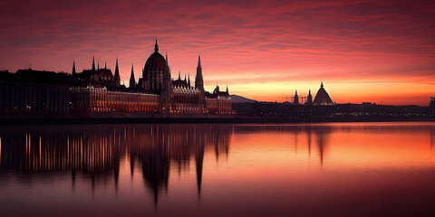 Naklejka premium Grand Parliament Building Reflects on the River at Dramatic Sunset with Colorful Sky