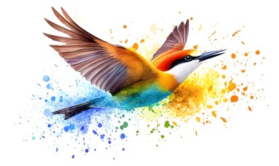 Obraz premium Colorful bird in flight, watercolor splash background, design element