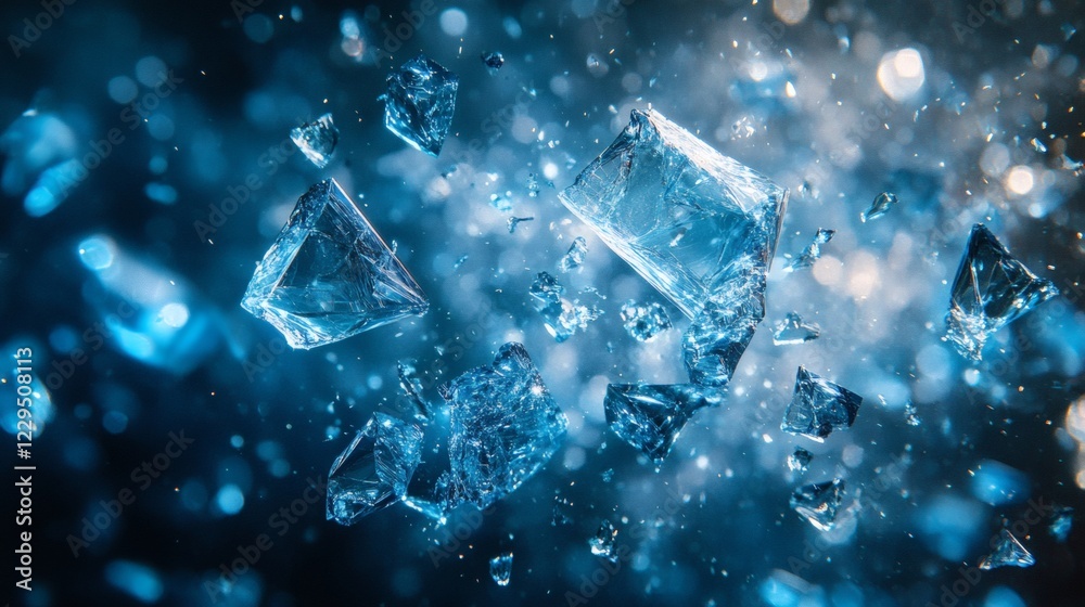 Fototapete burst of scattered blue glasslike shards across an abstract background with angular edges and sharp 