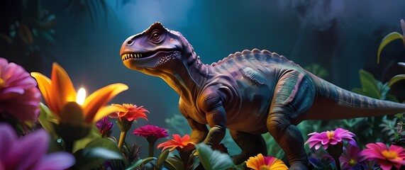 An exhilarating close up of a small dinosaur perched on a colorful flower akin to an enchanting garden