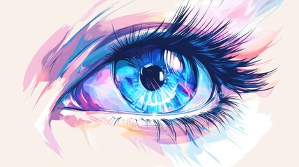 Close up of a blue eye with bright pink and blue colors showcasing vibrant detail and unique artistic style